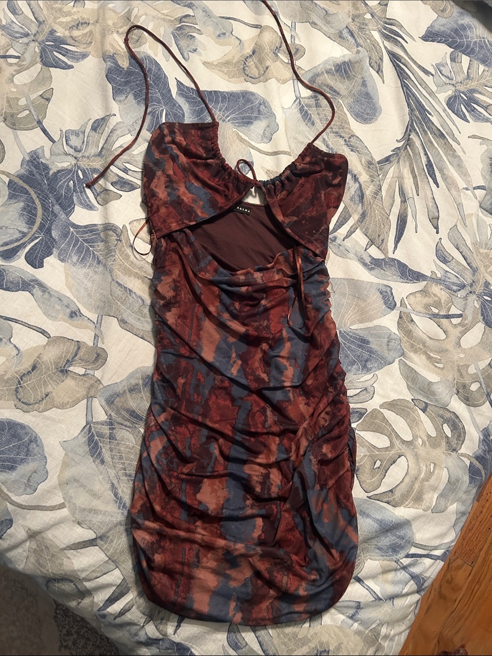 Ruched Slip Mini Dress in Rust & Navy